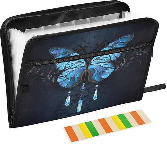 Expanding File Folder,13 Pocket Accordion File Folders Document Organizer Holder with Color Labels, Zipper Closure Waterproof for Letter A4 Size Paper,Document,Morpho Butterfly Blue