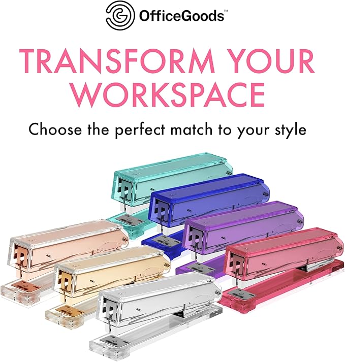 OfficeGoods Acrylic Stapler – Aesthetic & Durable Pink Desk Staple for Modern Office – Stylish & Compact Office Supplies for Women & Men