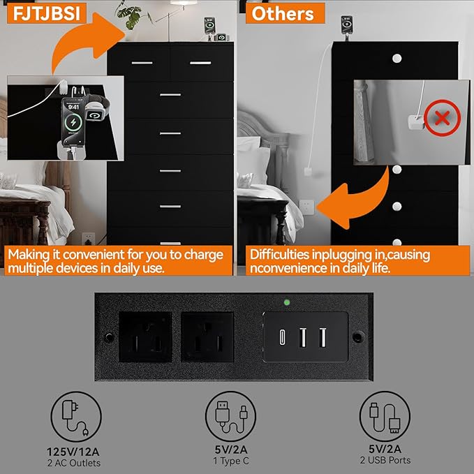 47.3" Tall Dresser for Bedroom Chests of Drawers with Charging Station 7 Drawer Dressers with Metal Slide Rail Modern Wood Closet Organizer with Large Storage for Home Office Entryway