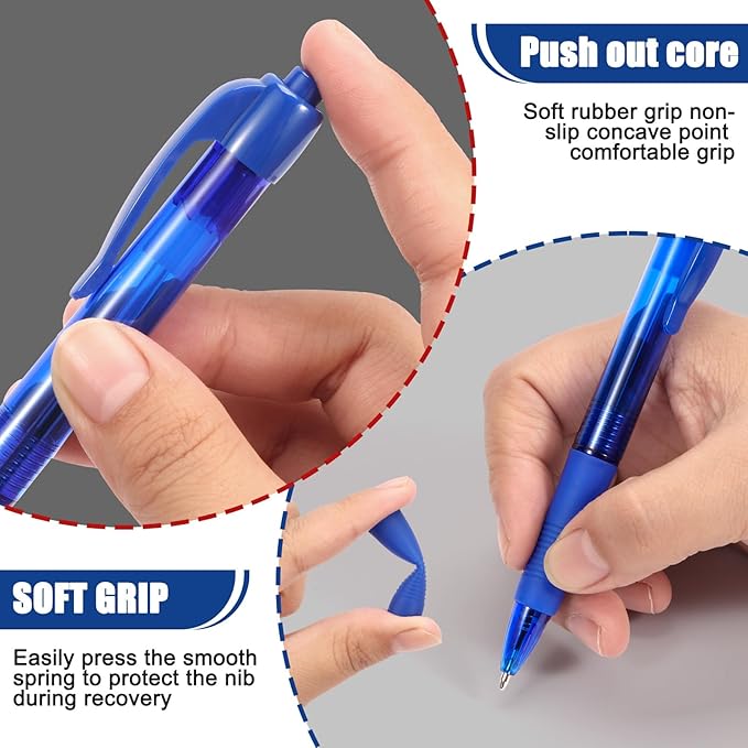 deegtran Pens Bulk, 50 Pack No Bleed Blue Ink Click Pens with Soft Grip, Wholesale Retractable Ballpoint Pens for Office School, Medium Point Smooth 1.0MM