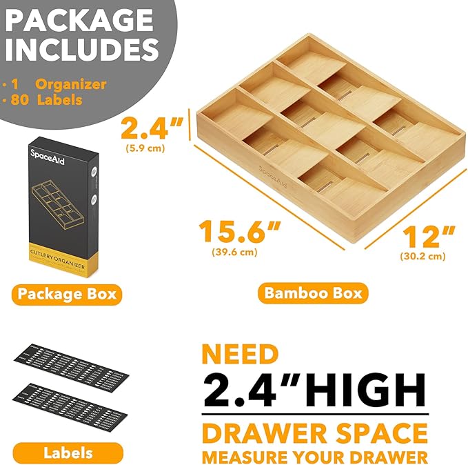 SpaceAid Bamboo Silverware Drawer Organizer (Need 3" Deep Drawer), Kitchen Utensil Tray Holder Organizer for Flatware, Cutlery, Spoon and Knives Storage Organization (9 Slots)