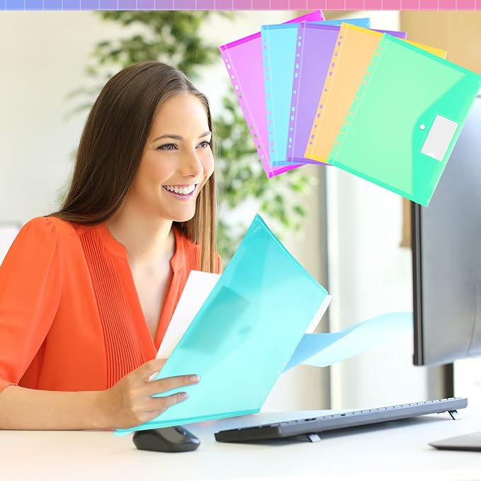 Fuutreo 50 Pcs Binder Pockets for 3 Ring Plastic Envelopes Pocket Folders 11 Hole Snap Button Binder Pouch with Label Expandable Organizer for 2/3/4 Ring