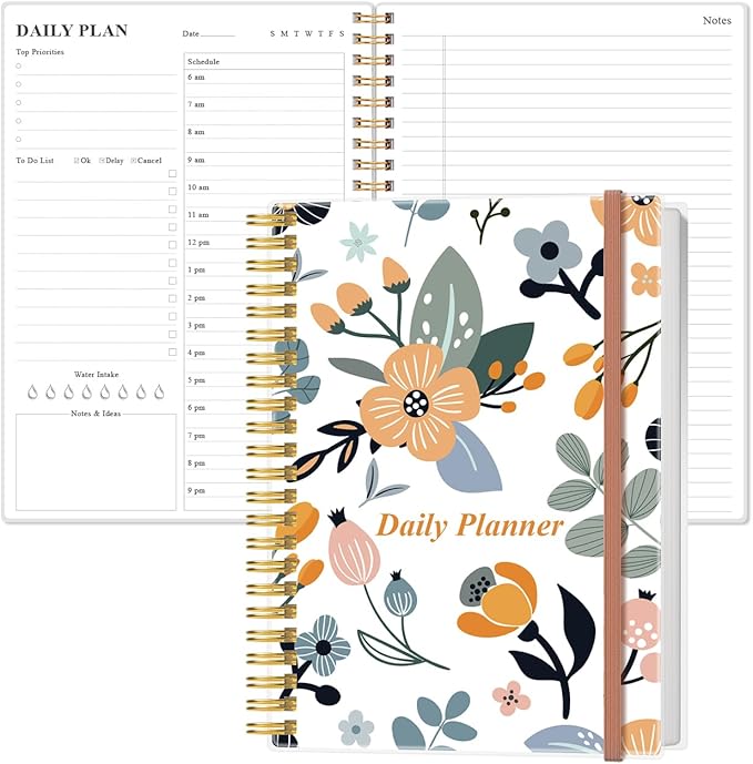 Daily Planner Undated - B5 To Do List Notebook Hourly Schedules, Spiral Appointment Planner for Women and Men, PVC Hardcover, Inner Pocket, Elastic Closure, 7" x 10", Rose Flower