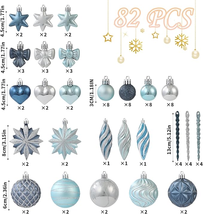 82Pcs Blue and Silver Christmas Ornaments Set, Shatterproof Medium Christmas Ball Ornaments, Christmas Decorations Hanging Ornaments for Xmas Trees, Holiday, Party Decor (Navy Blue & Silver)