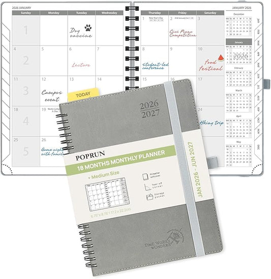 POPRUN Monthly Planner 2026-2027 (Medium 6.5" x 8.5") 18 Months Calendar (Jan 2026 - Jun 2027) - 4 Pages per Month with Expense & Notes, Stair-like tabs, Leather Cover, Sunday Starts - Grey