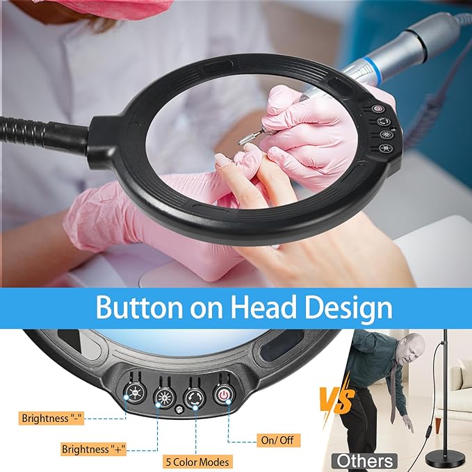 12X Large Magnifying Glass with Light and Floor Stand, Flexible Gooseneck Floor Lamp, 5.2" Lighted Magnifier Hands Free with 5 Color Mode 10 Adjustable Brightness, Clamp for Close Work,Sewing, Repair