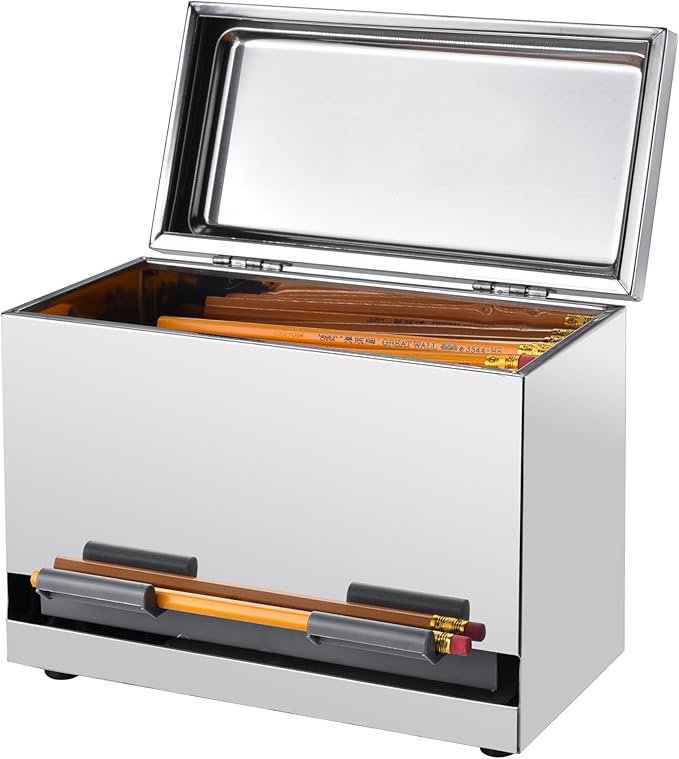 2Fold Pencil Dispenser for Classroom - Stainless Steel Bulk Pencil Holder for Desk - Includes Removable Label Stickers - Teacher Must Haves for Organization - Holds up to 200 Pencils (Silver)