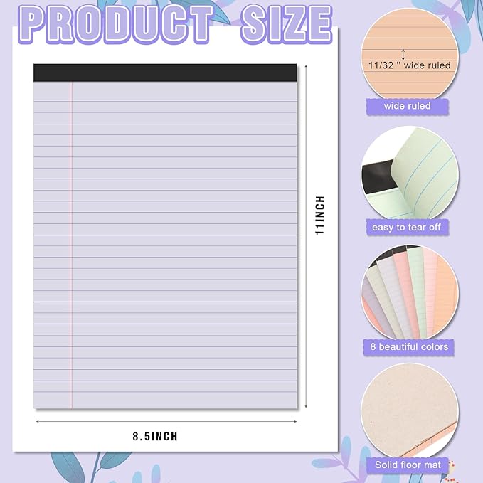 Fuutreo 8 Pcs 8.5'' x 11'' Colored Legal Pad Writing Pads Wide Ruled 50 Sheets Per Notepad Perforated Writing Notepad Office Supplies for School College Office Business (Mixed Colors)