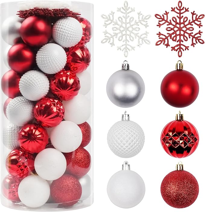 Christmas Tree Decorations Ornament Set, 60ct 2.36 Inches Red and White Shatterproof Christmas Ball Ornaments, Hanging Ball for Xmas Holiday Wedding Party Decor