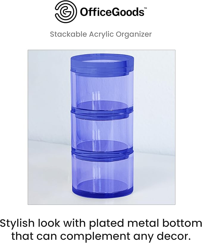 OfficeGoods 3-Tier Stackable Acrylic Holder- Stylish Desk Organizer and Storage for Office or Home – Transparent Round Design, Blue with Silver Metal Base