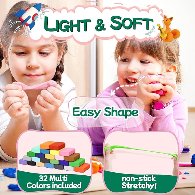 Chico Land Clay Kit - 32 Colors Air Dry Clay, Gift for Boys & Girls Age 4+ Year Old, DIY Model Modeling kit for Kids, with Sculpting Tools, Decoration Accessories, Kids Art Crafts