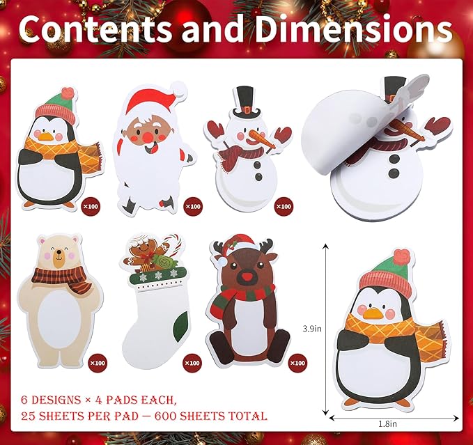 24 Pack Christmas Sticky Notes, Santa Snowman Reindeer & Penguin Cute Post Memo Pad Notes, Self Adhesive Notepads for Xmas Kids Adults Teacher Office School Winter Holiday Stationery