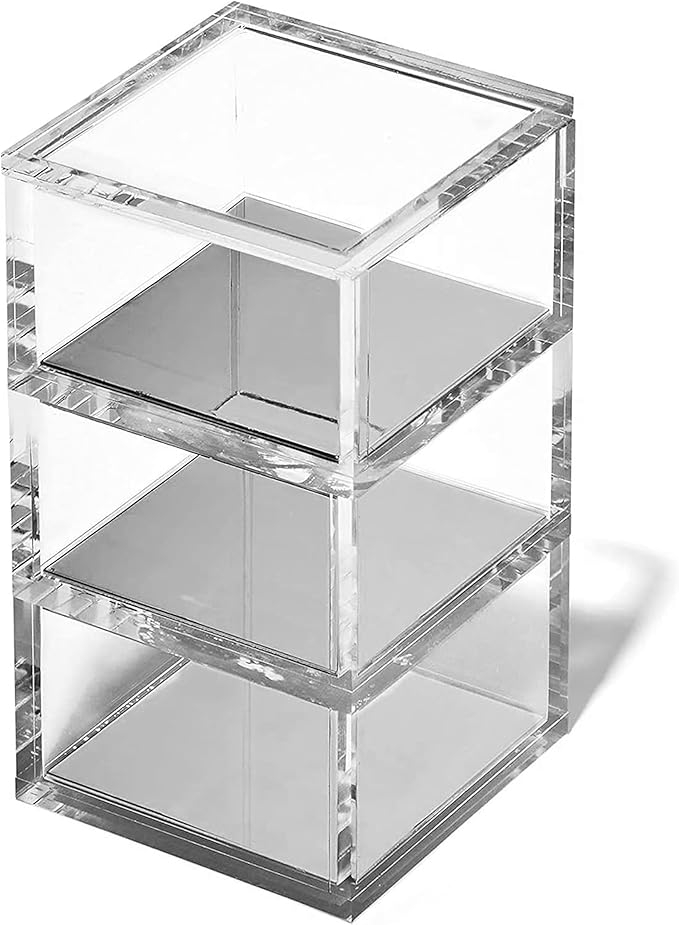 OfficeGoods 3-Tier Stackable Acrylic Holder- Stylish Desk Organizer and Storage for Office or Home – Transparent Square Design with Silver Metal Base