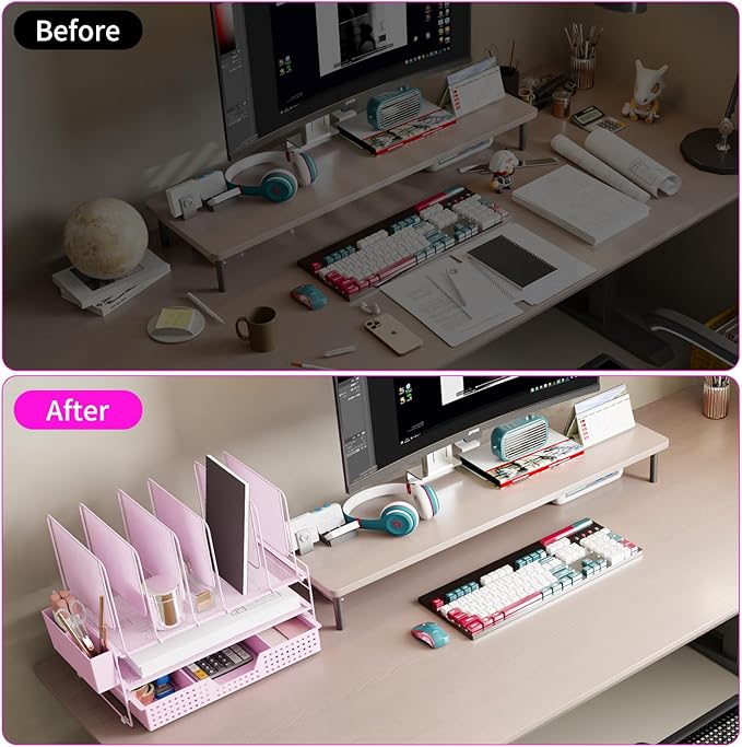 Desk Organizer, Office Organization with Vertical File Holder, File Organizer with Drawer and Pen Holder, Desk Accessories and Workspace Organizers for Home Office (Pink)