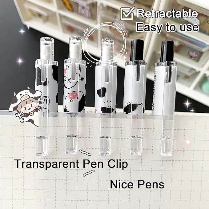 Cute Pens Kawaii 0.5mm Black Ink Gel Pens Fine Point Smooth Writing Ballpoint for Office School Supplies Nice Fun Gifts for Kids Girls Women Pens for Journaling, Pack of 6pcs (Little Milky Cow)