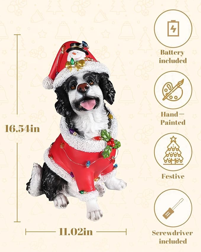 Christmas Outdoor Decoration Dog Statue, LED Light Cute Springer Spaniel Dog Sculpture with Santa Outfit & Lights for Garden and Yard, Indoor Holiday Décor Gift for mom and dad