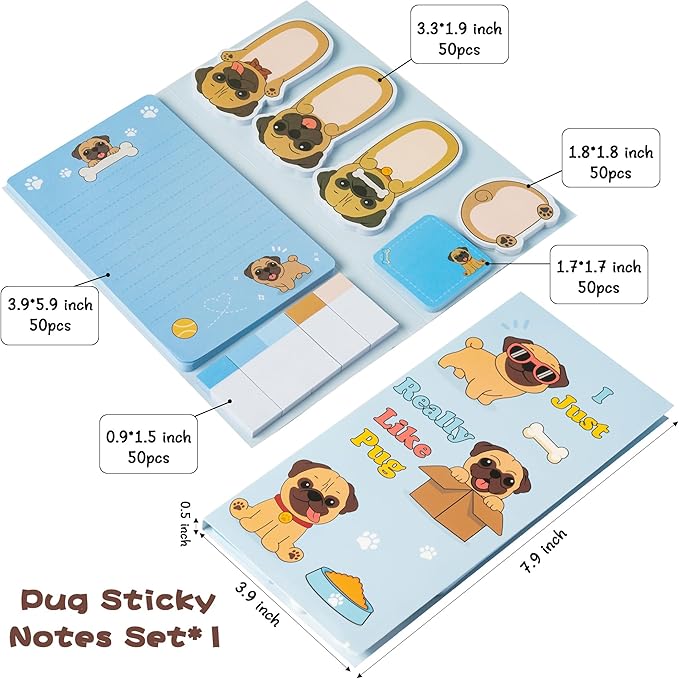 Xqumoi I Just Really Like Pug Sticky Notes Set, 550 Sheets, Cute Cartoon Pug Self-Stick Notes Pads Animal Divider Tabs Bundle Writing Memo Pads Back to School Office Supplies Small Gift