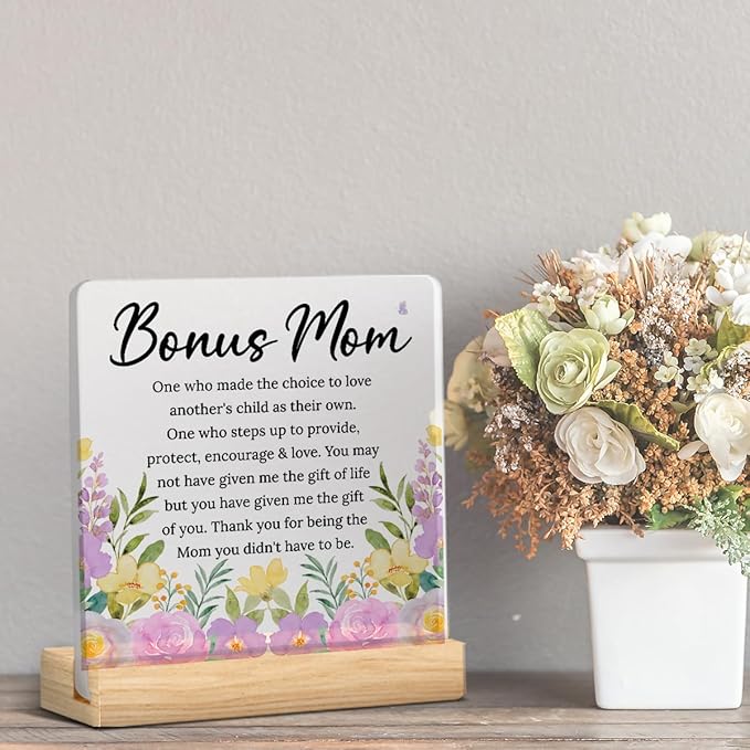 Bonus Mom Step Mom Mothers Day Gifts for Stepmom from Son Daughter I Love You Thank You Birthday Gifts for Bonus-mom Step-Mom Office Desk Decor For Home Acrylic Sign Christmas Gift