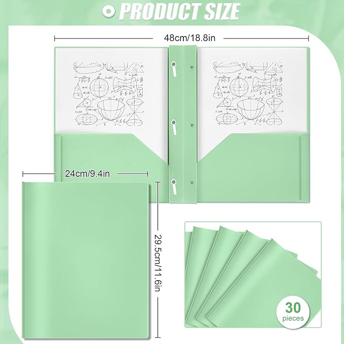 Yeaqee 30 Plastic Folders with Pockets and Prong Plastic Folders with 2 Pockets Pocket for Office, School for Students, Teachers, Office Workers (Sage Green)
