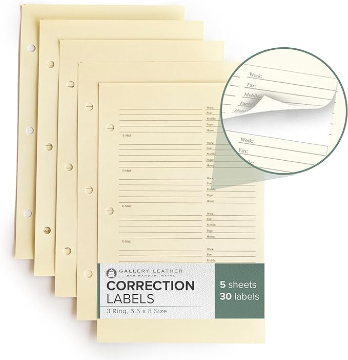 Gallery Leather Address Book Correction Labels - Self-Adhesive, Sticky, 5 Sheets, 30 Sticker Records, for Easy and Clean Contact Updates