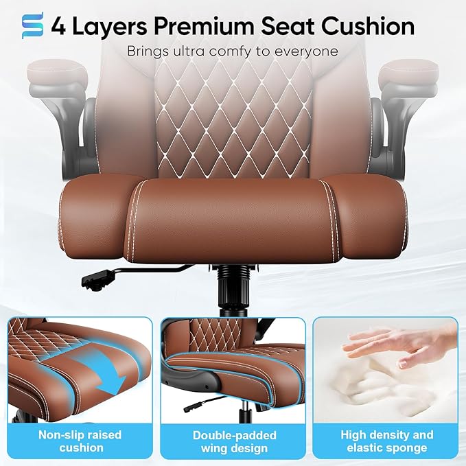 Sytas Executive Leather Office Chair, Comfy Desk Chair with Adjustable Headrest & Flip-up Padded Arms & Lumbar Support, Adjustable Hight and Tilt, Rolling Swivel, Brown
