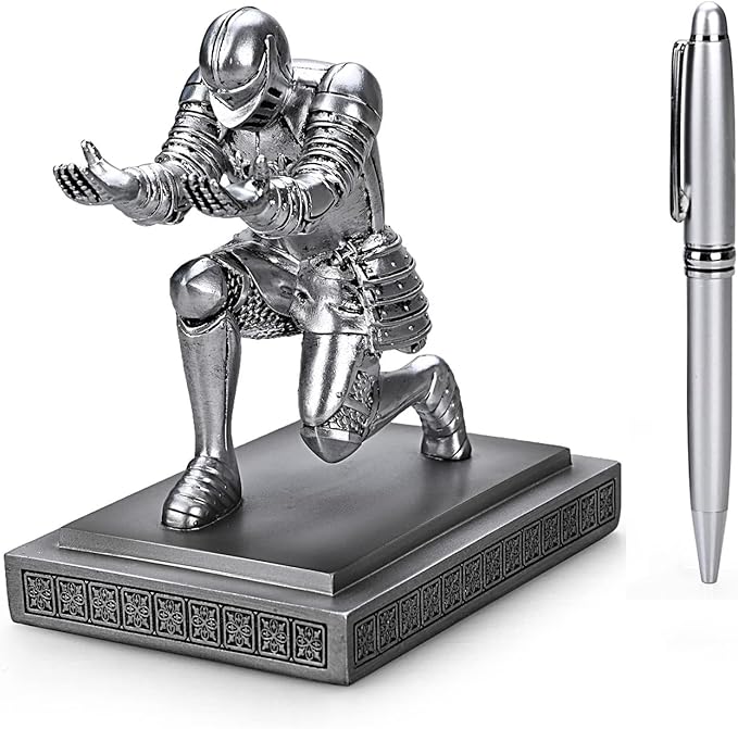 Knight Pen Holder Pen Stand Desk Organizers and Accessories Resin Pencil Holder as Gift with a Fancy Pen for Office and Home Desk Organizer (Silver)