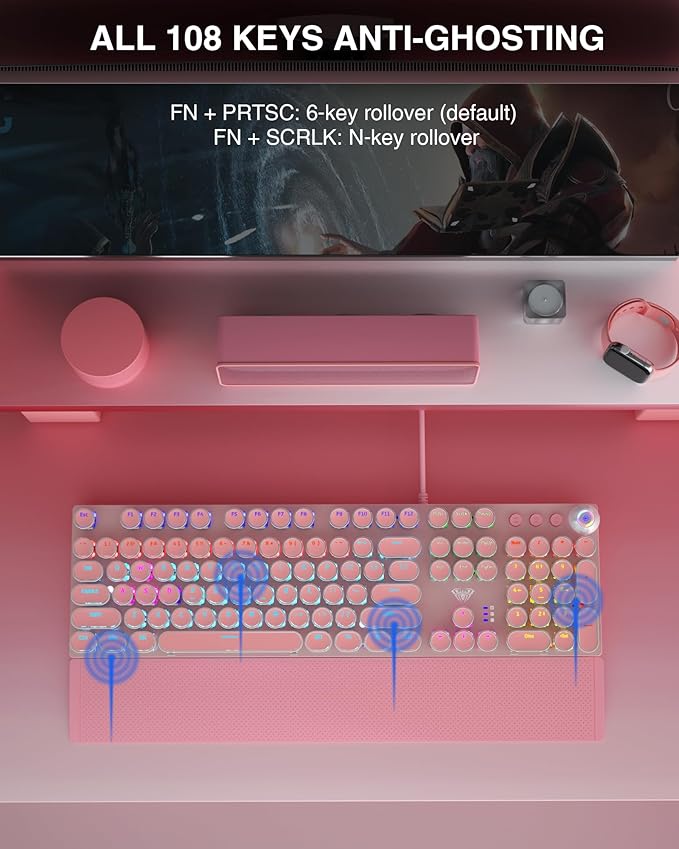AULA F2088 Typewriter Style Mechanical Gaming Keyboard,Rainbow LED Backlit,Removable Wrist Rest,Media Control Knob,Retro Punk Round Keycaps,USB Wired Computer Keyboard,Pink