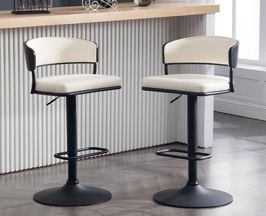 Adjustable Modern Bar Stools Set of 2 Faux Leather Barstools Swivel Counter Height Bar stools with Curved Back/Black Metal Base Comfy Upholstered Bar Chairs for Kitchen Island, Beige