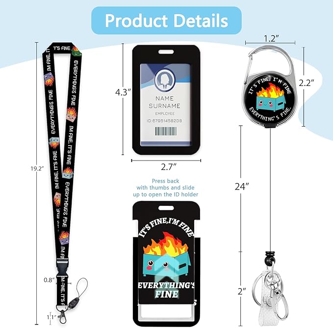 Dumpster on Fire Lanyards for ID Badges and Keys, Funny Badge Reel Retractable Heavy Duty with 360° Swivel Carabiner Clip, I'm Fine ID Badge Holder with Breakaway Lanyard, Teacher Nurse Office Gifts