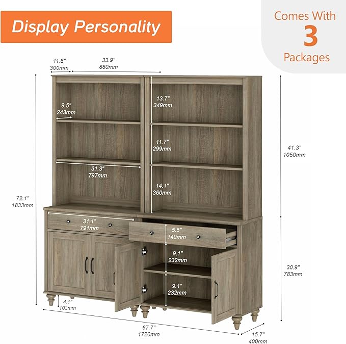 WAMPAT 5 Tier Farmhouse Bookcase 72" Tall Bookshelf with Barn Doors, Large Display Book Shelf with 2 Drawers and Storage Cabinet, Library Wood Bookshelves for Living Room,Kitchen, Wash Grey (2PCS)