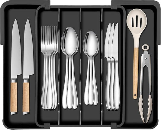 Kitchen Silverware Organizer for Drawer - Expandable Silverware Drawer Organizer Adjustable Utensil Drawer Holder, Flatware Cutlery Tray for Spoons Forks Kitchen Organizers Storage,Black,M