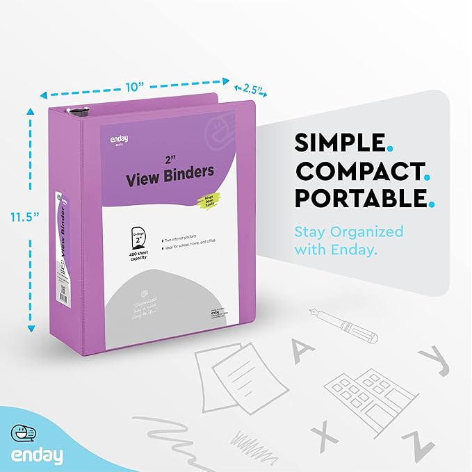 2 Inch 3 Ring Binder 2” Purple, Slant D-Ring 2 in Binder Clear View Cover with 2 Inside Pockets, Heavy Duty Colored School Supplies Office and Home Binders – by Enday