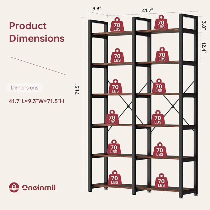 oneinmil Bookshelf 6 Tier, 71.5'' Industrial Wood Bookshelves, Book Shelf with 12 Open Display Shelves & Metal Frame, Tall Bookcase for Home and Office, Rustic Brown