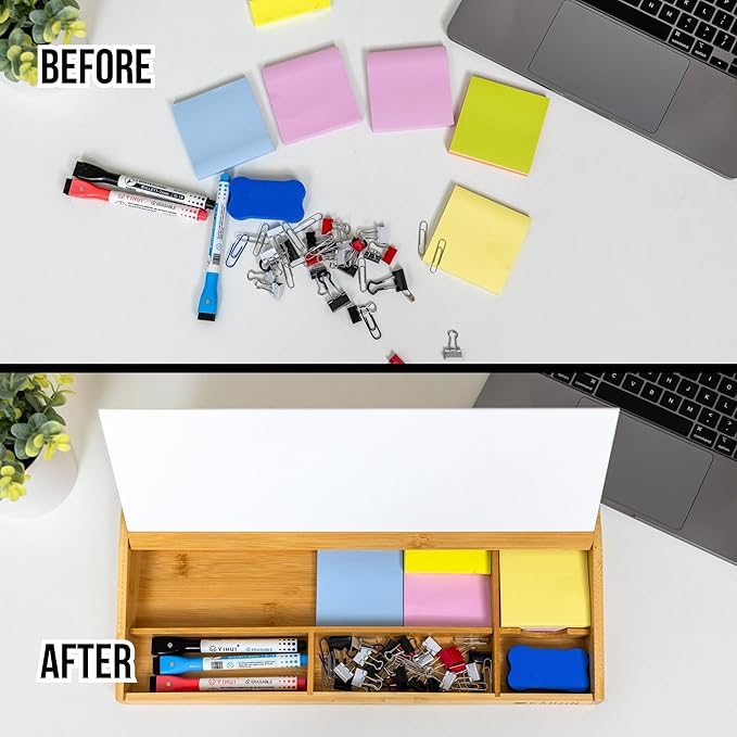 Desk Whiteboard with Storage - 16.2" x 6.7" x 2" with 3 Markers and 1 Eraser, Small Whiteboard for Desk - KAHJIN Natural Bamboo Dry Erase Board with Organizer for Office, Home, or School Essentials