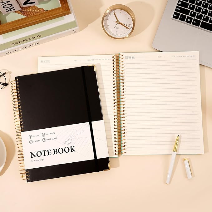 FLYING EAGLE Black Spiral Notebook College Ruled 8.5 X 11 with Tab Stickers Large Hardcover Notebooks for School Supplies A4 Note Book Journal Notebooks for Work Note Taking Office, 200 Pages