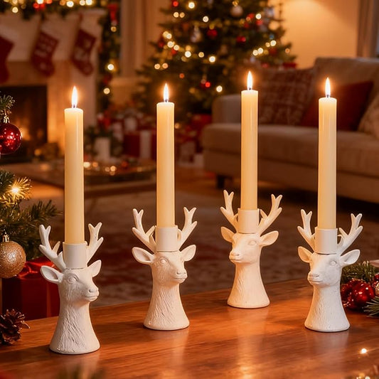 DN DECONATION Candlestick Holders Reindeer Votive Candle Holders for Taper Candles, Christmas Deer Candle Holder Centerpieces for Dining Table, Mantel & Holiday Decorations Set of 4 (White)