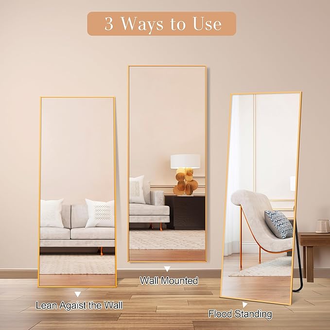 Arched Full Length Mirror, 57" x 20" Floor Mirror with Stand – Shatterproof Tempered Glass, Modern Aluminum Frame, Multi-Mount for Bedroom, Living Room, Gym, Gold