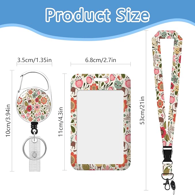 Flower cat Badge Holder Reel Lanyard,ID Card Badge Holder Retractable Name Tag Clips for Doctor Nurse Teacher Office Student