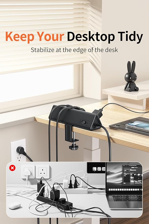 6.5 FT Desk Clamp Power Strip with 5 AC Outlets & 6 USB Ports PD 40W USB-C Fast Charging, 1250J Surge Protector, Fits 2.6 in top Edge Black