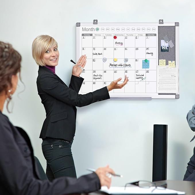 MAKELLO Dry Erase Calendar for Wall 24x18 in, Whiteboard Calendar and Grey Felt Board Combo for Office Home School