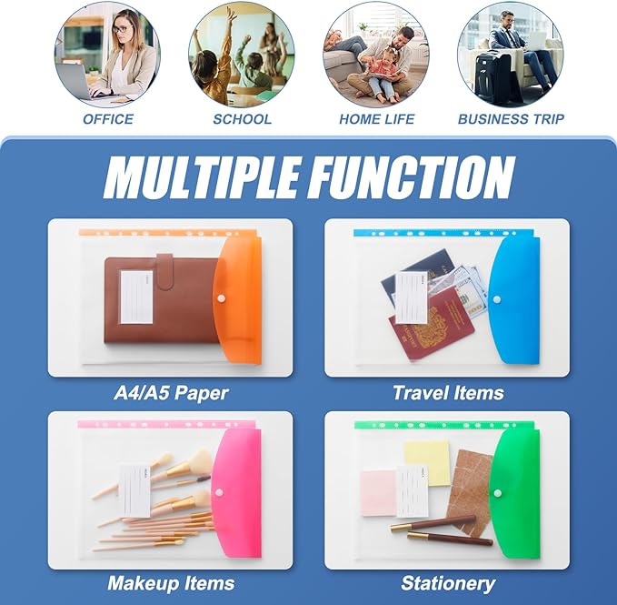 Binder Pocket Organizer Folders, 12 Pack Expandable Files Bag Plastic Envelopes Binder Folders with 11 Holes for 2/3/4 Ring Binder, Document Pouch with Snap Button and Label for School Office Home