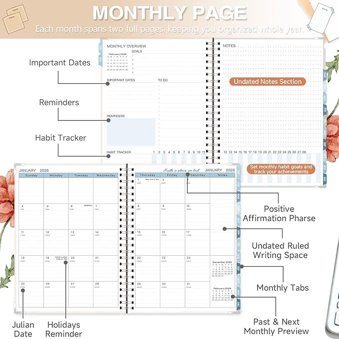 GuassLee Large 2026 Planner, Weekly and Monthly Planner from January 2026-December 2026, 8.5"x 11" Calendar Agenda Book with Back Pocket, Stickers for Home Office School Supplies, A4 Size, Khaki