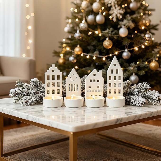 DN DECONATION House Tealight Candle Holders Set of 4 – Christmas Candle Holder Centerpieces for Tables, Modern Christmas Decorations Mantel Candlestick Holders Holiday Table Decor Ceramic