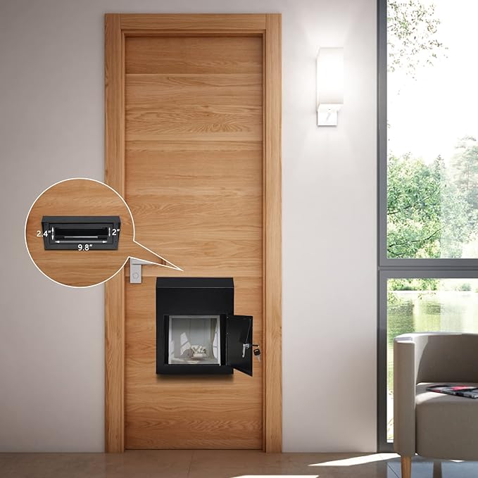 xydled Heavy Duty Mail Box with Key Lock, 15''x12''x6'', Locking Metal Mailbox Door Mounted, Through The Door Safe Locking Drop Box, Black