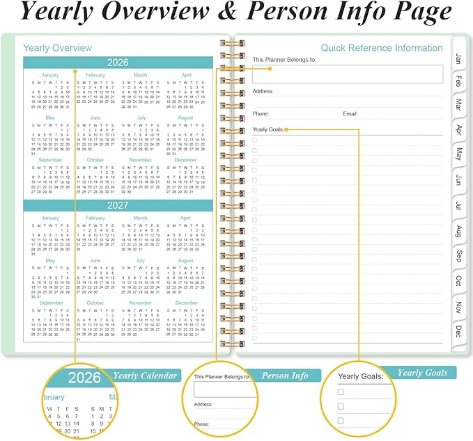 2026 Planner - Weekly and Monthly Calendar Planner from Jan 2026 - Dec 2026, Planner 2026 Spiral Bound with 12 Monthly Tabs, Inner Pocket, Perfect for School Office Supplies, 6.4" x 8.5", Mint