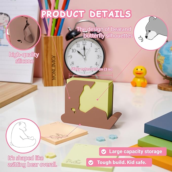 Li&Zhao Bear Sticky Note Holder - Cute Post It Note Dispenser Memo Dispenser Pen Holder Sticky Note Dispenser Post It Note Holder Notepad Holder for Desk School Office(Brown)