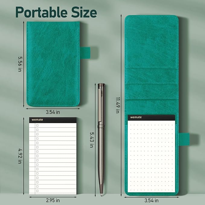 WEMATE 10 Pieces Small Notepad Holder Set Pocket Notebook - Included Mini Pocket Notepad Holder Set with 8 Memo Book Refills and Metal Pen for Meetings, Daily Records, and Notes 3 x 5 Inch (Green)