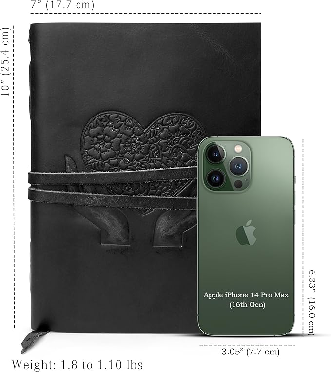LUXEORIA Heart Journal for Women and Men, Handcrafted Leather Journal for Writing Womens, Sketchbook, Travel Diary with Unlined Deckle Paper, Black 7x10