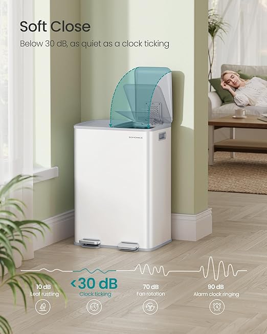 SONGMICS Trash Can, 2 x 8 Gallon (2 x 30 L) Dual-Compartment Garbage Can with Soft-Close Lid, Pedal and Inner Buckets, Stainless Steel, Includes 15 Liner Bags, Matte White ULTB741W01