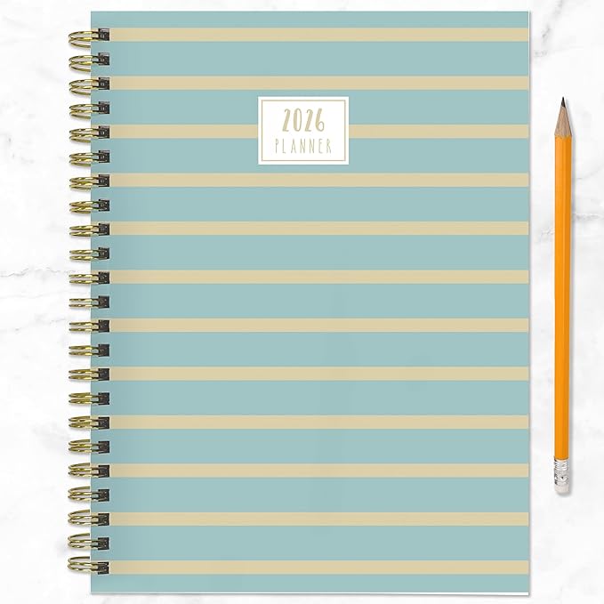 TF Publishing 2026 Blue and Gold Lines Medium Weekly Monthly Planner with 12-Month Calendar Grid and Task Tracker - Vertical Weekly Schedule Planner with Habit Tracker and Stickers - 6.5in x 8in